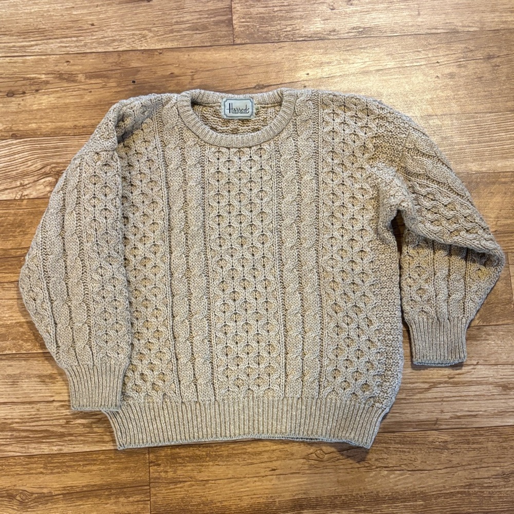 Harrods Vintage Irish Wool Cable Knit Sweater XL